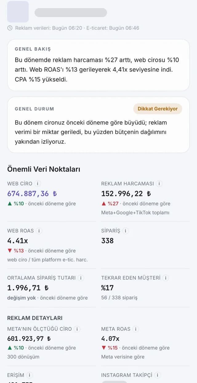 Genel bakış: web ciro, reklam harcaması, web ROAS, sipariş ve ortalama sepet; marka adı gizlendi